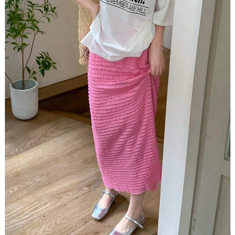 Chân Váy Dài Lưng Cao Xếp Ly Phối Ren Màu Hồng Ngọt Ngào Thanh Lịch Thời Trang Cho Nữ