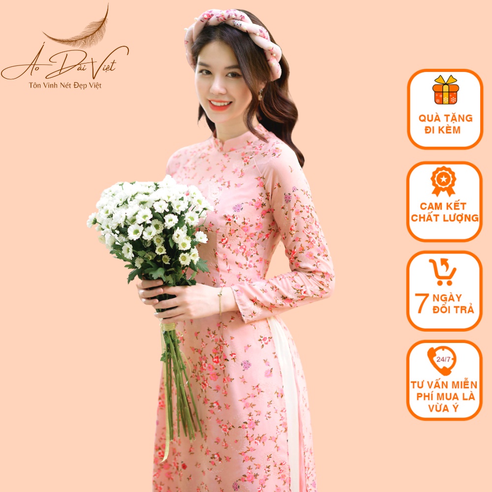 Áo Dài Hoa nhí voon tơ may 4 tà màu hồng + xanh đá nhẹ nhàng