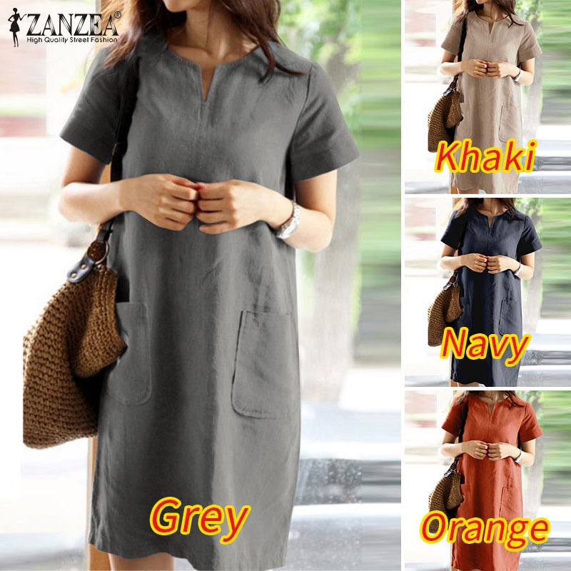 Đầm Midi Tay Ngắn Cổ Chữ V Màu Trơn Có Túi Thời Trang Cho Nữ ZANZEA