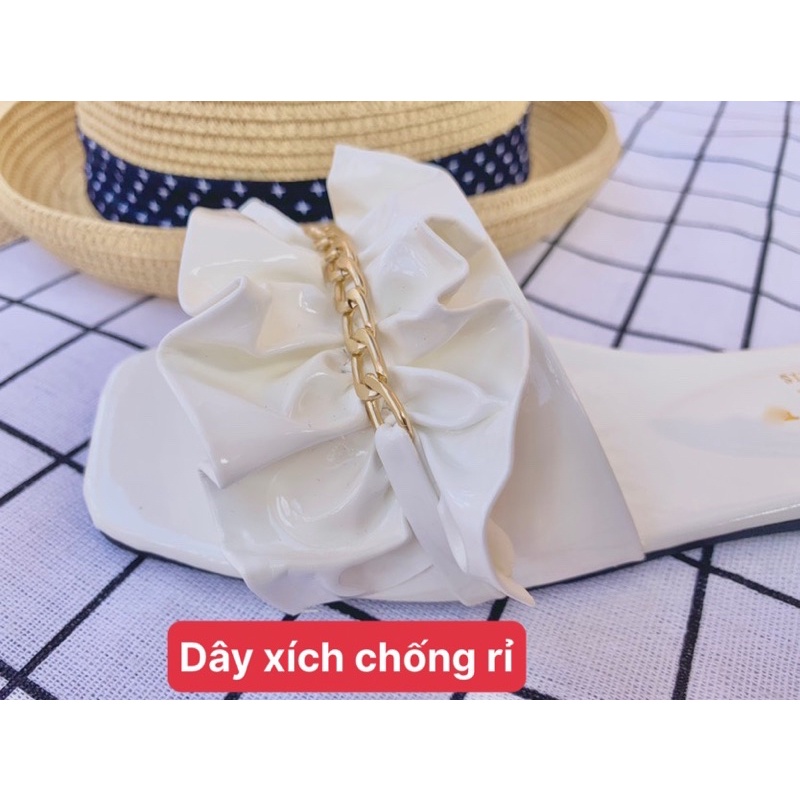 Dép lê nữ quai ngang kiểu bệt thời trang quai bèo nhúm đính ngọc dây xích quai chéo-giày dép 97