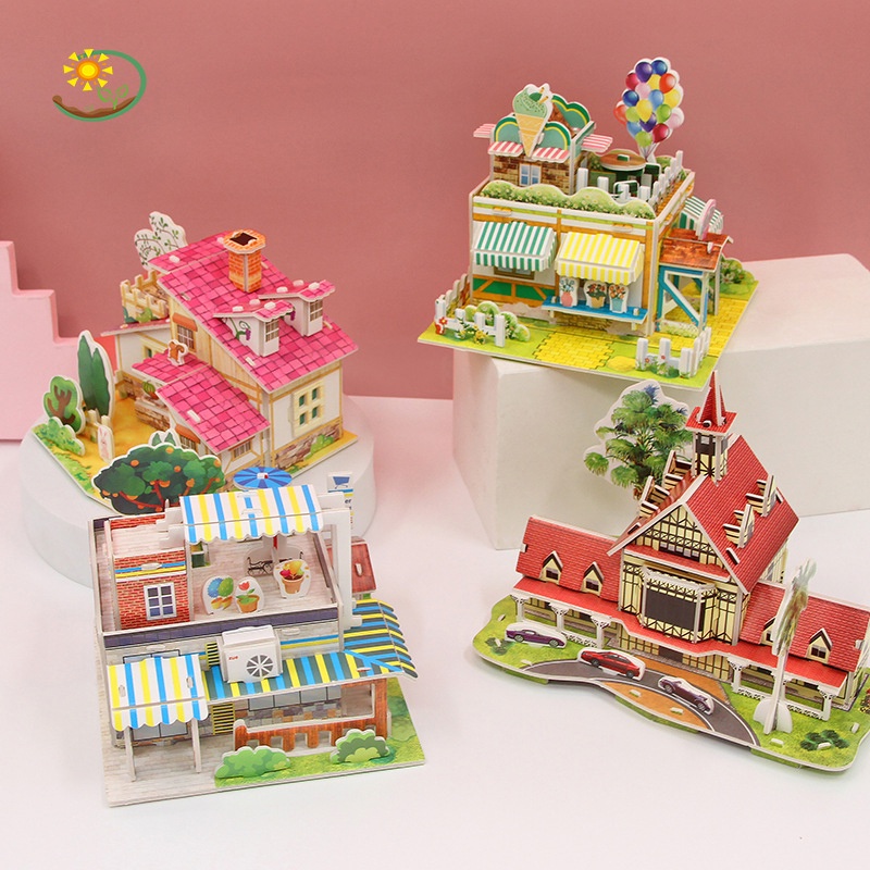 Đồ chơi giáo dục bộ xếp hình lắp ghép khối xây dựng trang trại, lâu đài bằng giấy 3D cho trẻ em