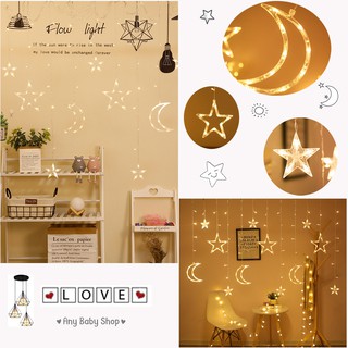 Dây đèn led hình trăng sao màu vàng ấm áp dạng mành rèm treo trang trí siêu lung linh - hàng có sẵn    ❣❣