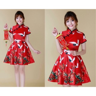 Đầm xoè cổ tàu hoạ tiết con cò hoa mẩu đơn!!