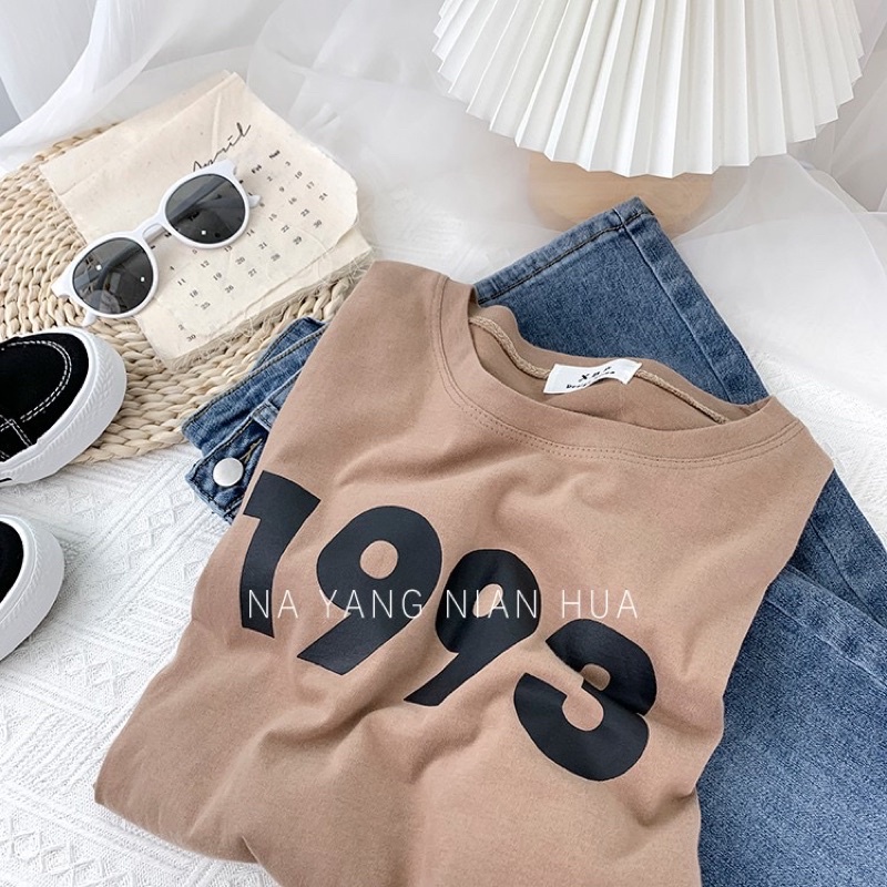 Áo phông 3158, áo thun tay lỡ form rộng chất cotton in số 1993