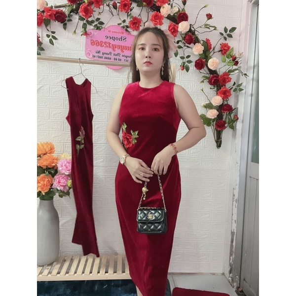 ĐẦM NHUNG KẾT HOA THÊU