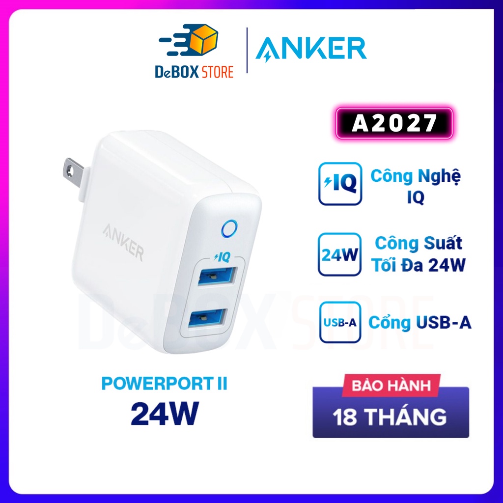 【Giao hàng nhanh】Sạc ANKER PowerPort II 2 cổng PIQ 24w - A2027 Bảo hành 18T chính hãng