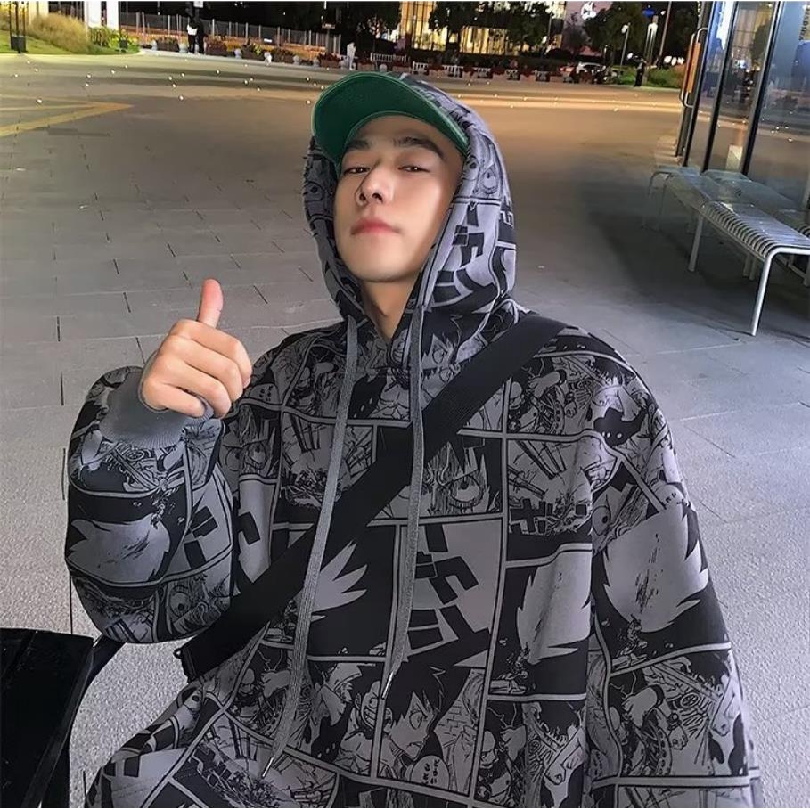 Áo Hoodie Tay Dài Dáng Rộng In Hình Truyện Tranh Kiểu Mỹ Cá Tính Cho Nam Và Nữ Plus Size M-7XL