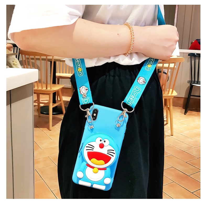 Ốp Điện Thoại Kèm Ví Hình Doremon Pikachu + Dây Đeo Cho OPPO A83 A91 A92 A93 A9 A5 2020 A94 F11 PRO FIND X2 X3 PRO A16K