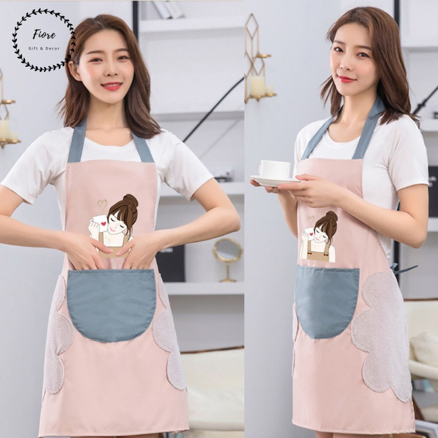 Tạp dề chống thấm nước, đồng phục quán cafe, tạp dề nấu ăn đẹp - họa tiết thiếu nữ uống trà nhiều màu | BigBuy360 - bigbuy360.vn