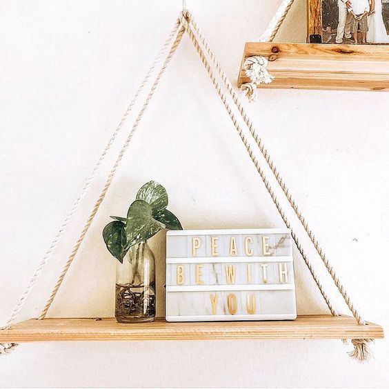 [SALE HOT] Kệ Trang Trí Treo Tường 1 Tầng  Bằng Dây Macrame Kết Hợp Với Vòng Inox Độc Đáo Gỗ Thông Tự nhiên