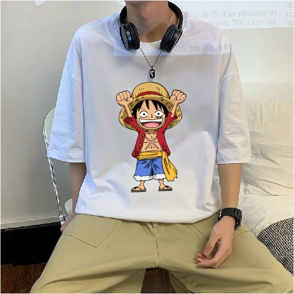Áo thun One Piece Luffy tay lỡ form suông rộng chất liệu thun cotton mềm mại