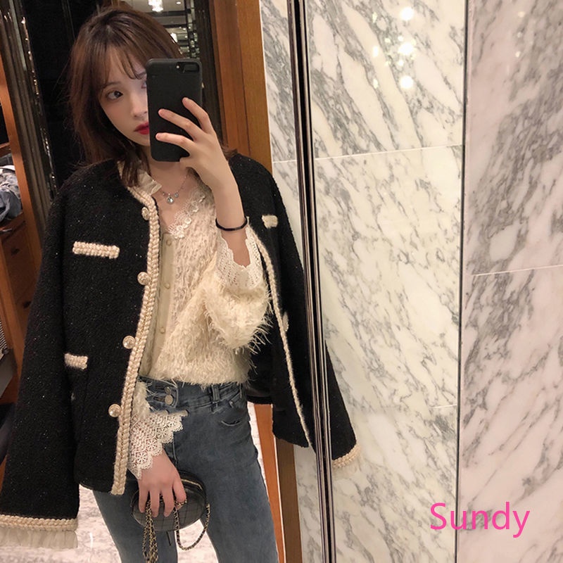 Áo Khoác Tay Dài Cổ Tròn Phối Ren Kiểu Pháp Thời Trang Mùa Đông Cho Nữ