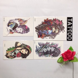 Combo 4 tấm hình xăm dán 15x21cm màu CHÂN DUNG THIẾU NỮ - mua 1 tặng 1 mini tattoo