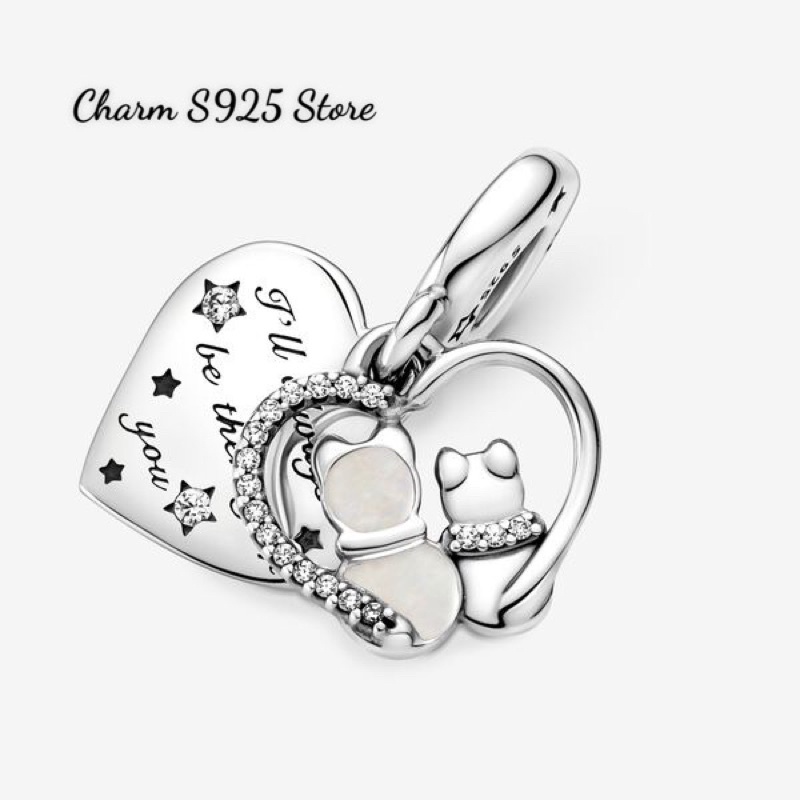 charm pan treo đôi mèo hình tim bạc s925 cao cấp