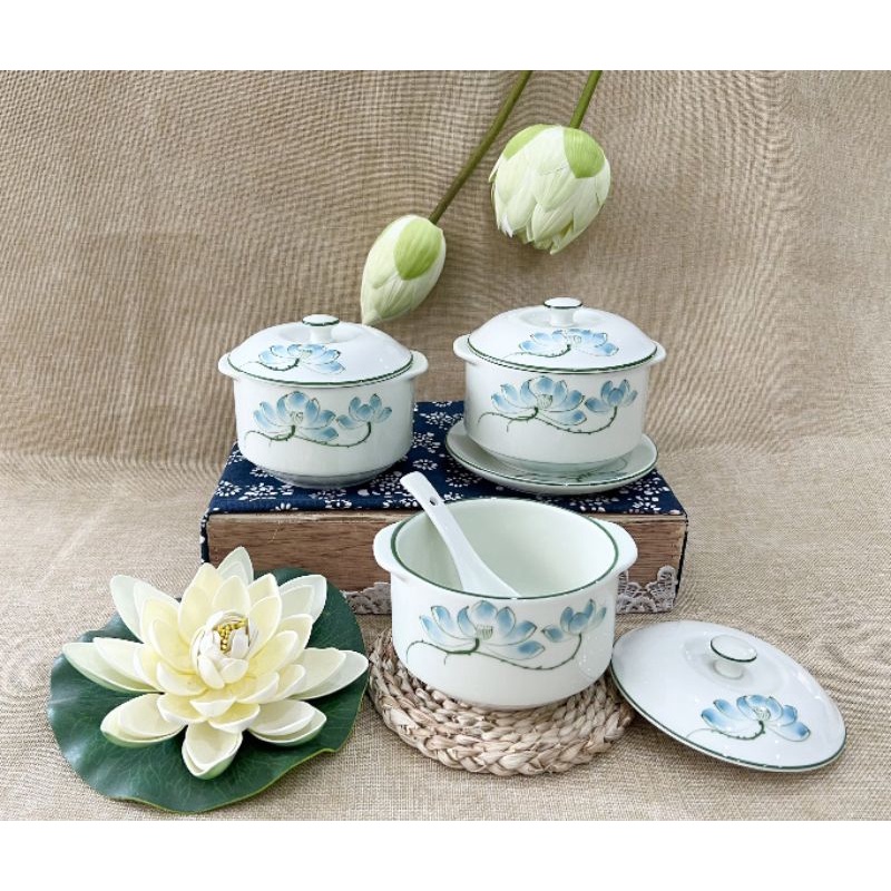Bát yến vẽ Hoa Sen Sứ Bát Tràng Cao Cấp_Thố trưng Yến_ Âu cách thủy 600ml [ kèm thìa+ đĩa lót ]