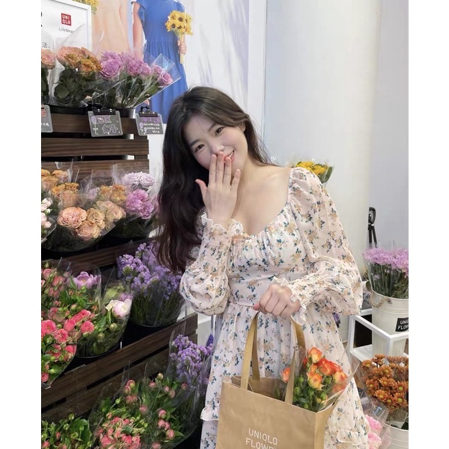 Đầm xoè voan hoa nhí ulzzang tiểu thư công chúa xinh xắn/Váy bánh bèo trễ vai