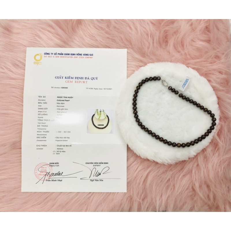 Chuỗi ngọc trai nhân tạo màu nâu 9ly đeo cổ khóa bạc ( Có kiểm định)