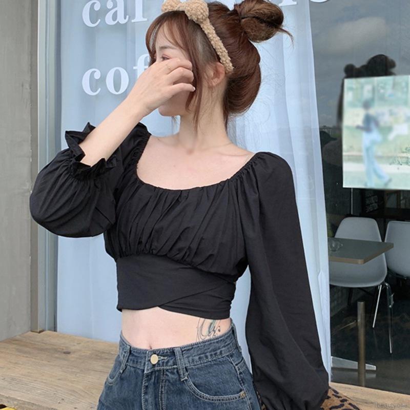 Áo Croptop Tay Dài Cổ Vuông Thiết Kế Hở Lưng Quyến Rũ