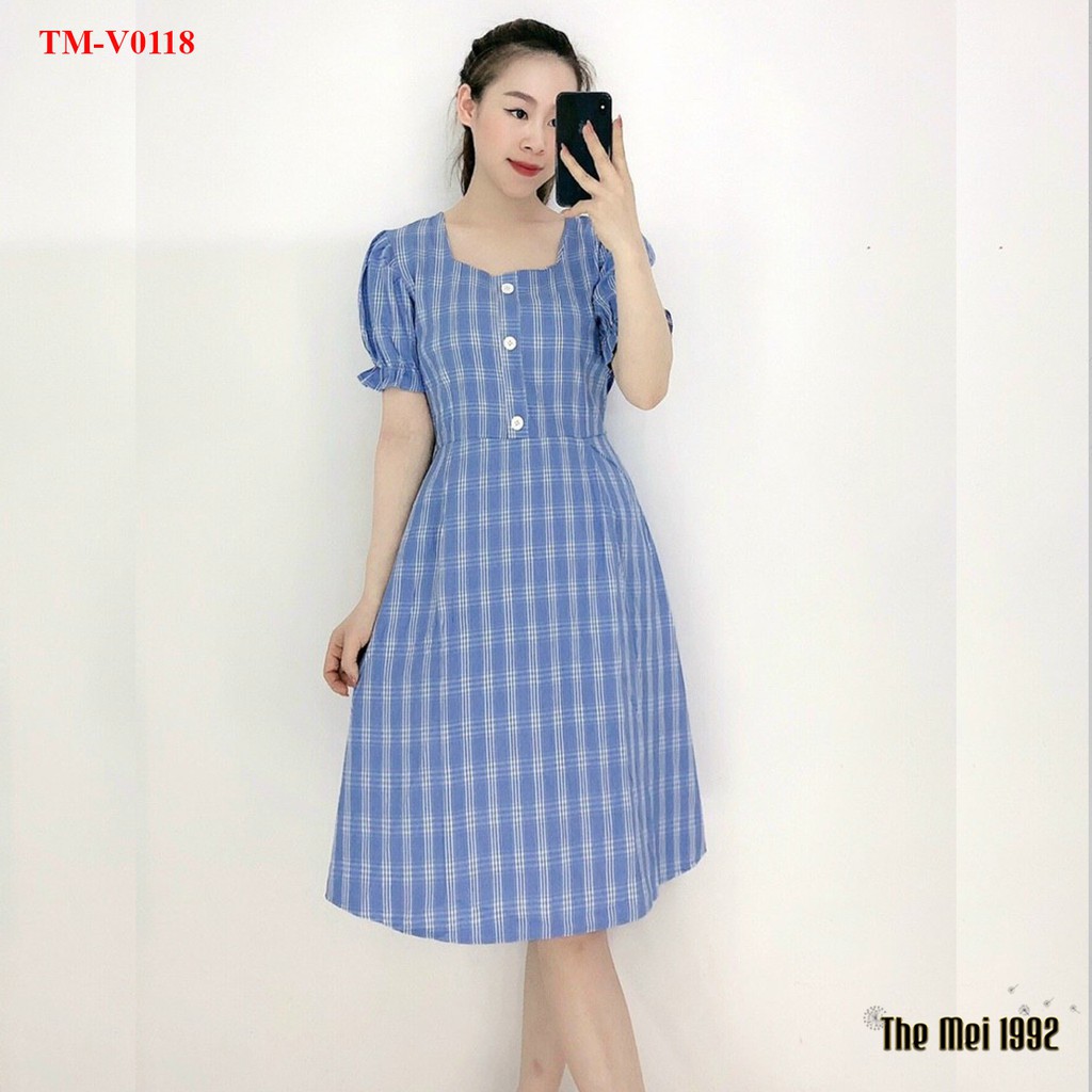 Đầm suông nữ The Mei 1992- Đầm công sở chất cotton mát kẻ caro cổ vuông đính cúc bo ống tay siêu xinh