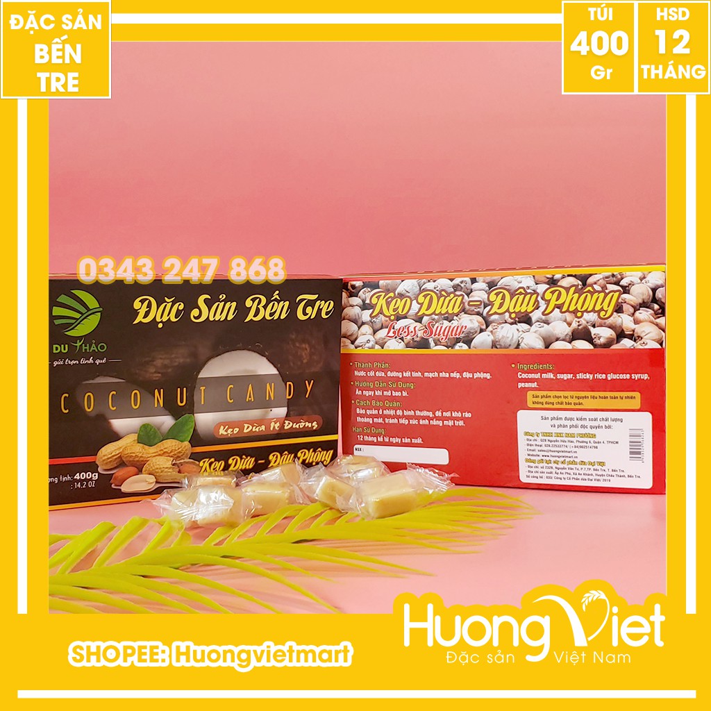 Kẹo dừa đậu phộng ít đường Du Thảo 400g, kẹo dừa Bến Tre, kẹo dừa ít ngọt