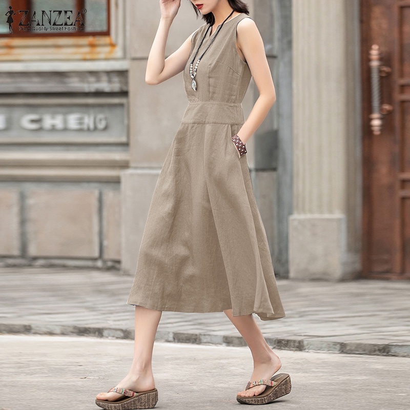Đầm dài ZANZEA không tay cổ chữ v có khóa kéo thời trang cho nữ