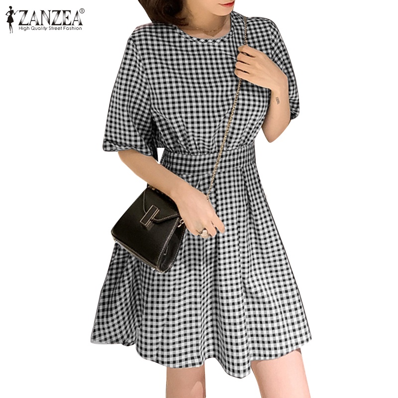 Đầm tay ngắn ZANZEA họa tiết caro phong cách Hàn Quốc dành cho nữ