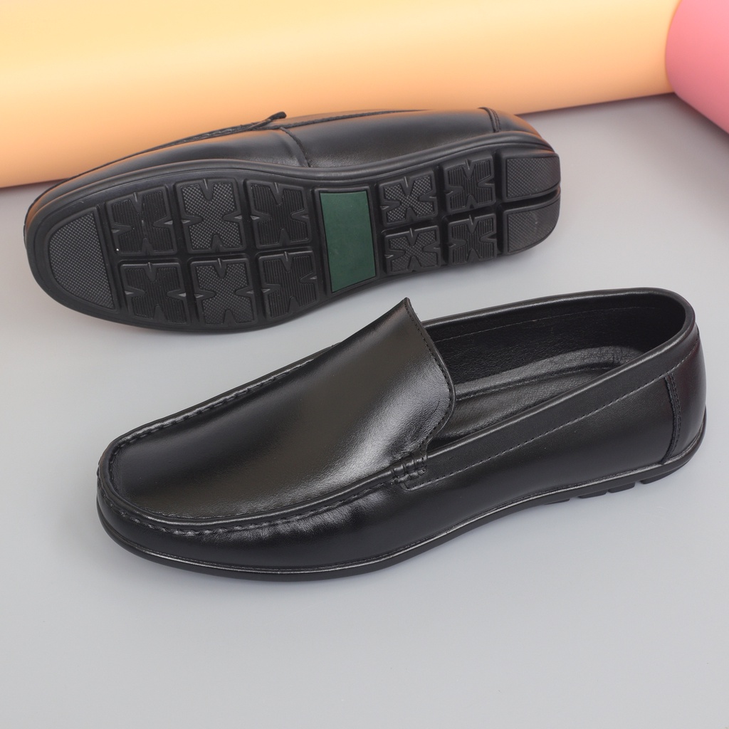 Giày lười nam da bò màu đen, giày mọi nam đế cao su - NeO3988de