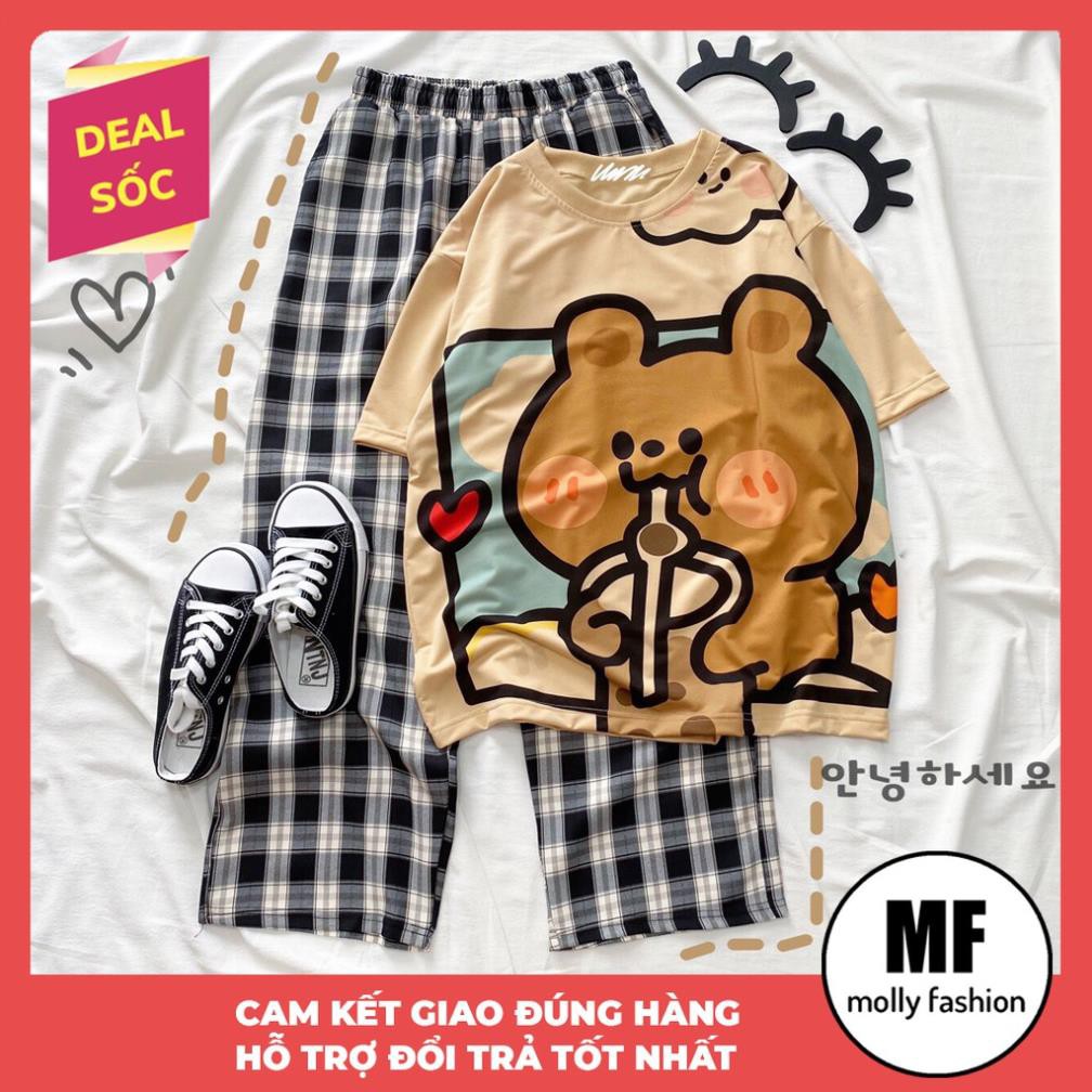 Set đồ bộ nữ quần caro kate ống rộng NHIỀU MẪU, đồ bộ hoạt hình Freesize Molly Fashion ❗ .