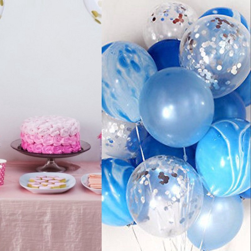 Bộ 20 quả bóng bay helium màu xanh dương đá hoa cương phối hoa giấy confetti bạc cho tiệc sinh nhật