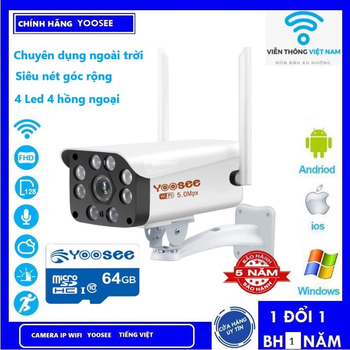 Camera yoosee wifi 2 râu 8 LED 5.0Mpx FULL HD Siêu nét góc rộng chuyên dụng ngoài trời Đàm thoại 2 chiều BH 5 năm