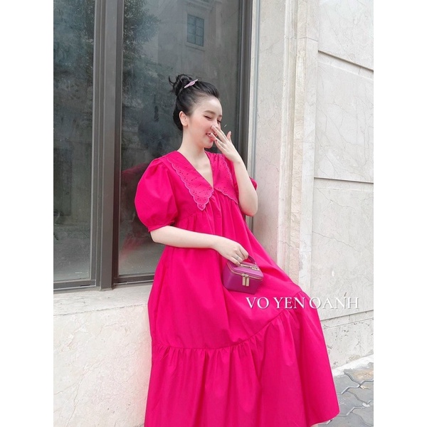 Đầm suông kate tay phồng có cổ / Vàng, hồng / Bầu bí có thể bon chen