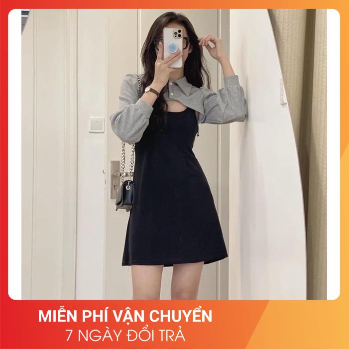 [LOẠI 1-FREESHIP] Set váy đen phối vạt sơ mi xám 24APRIL 🌸 chất len tăm mix nỉ siêu dày dặn 🌸 | BigBuy360 - bigbuy360.vn