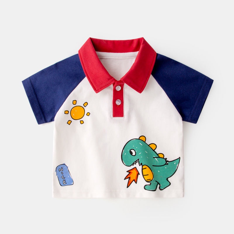 Áo polo Tay Ngắn In Hoạt Hình Khủng Long Hươu Cao Cổ Thời Trang Mùa Hè Hàn Quốc Dành Cho Bé Trai 2023