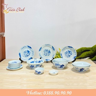 BỘ ĐỒ ĂN BÁT ĐĨA BÁT TRÀNG CAO CẤP 17 MÓN - BỘ SEN XANH NGỌC