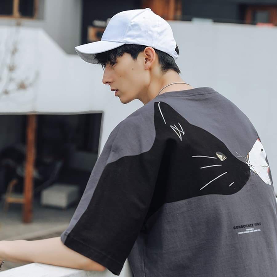 &lt; FREESHIP &gt; Áo thun tay lỡ nam nữ in mèo bướm thun cotton 3 màu lựa chọn