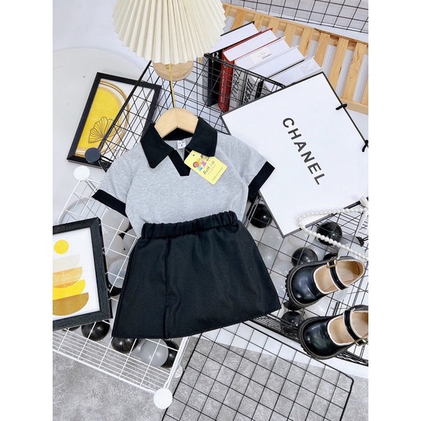 Sét áo polo chữ v cổ bẻ kẻm chân váy xẻ cách điệu cotton loại 1 cho bé gái từ 10-20kg💋