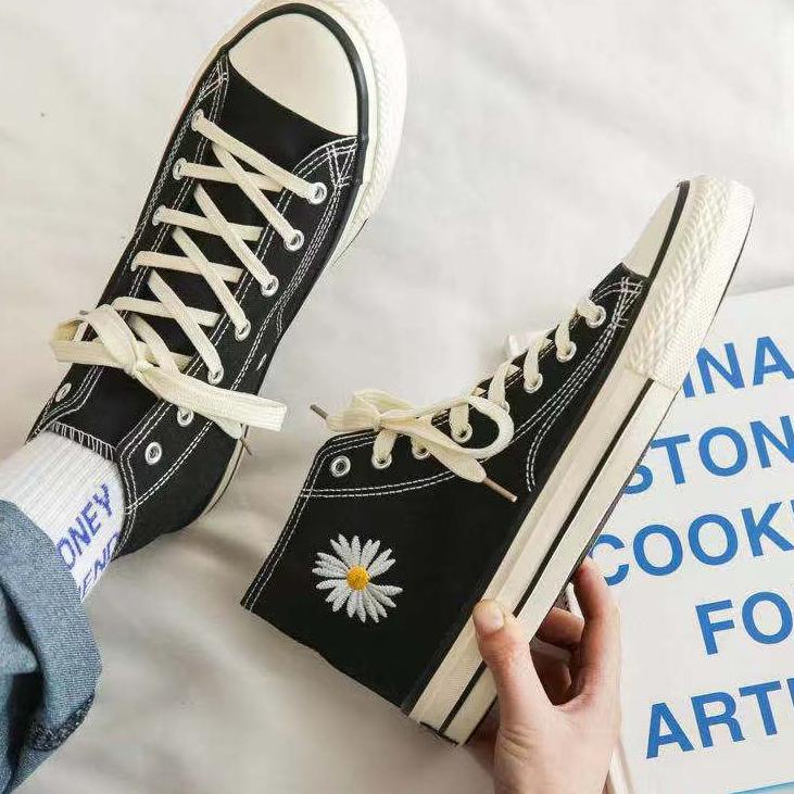 Giày Bốt Vải Canvas Đế Bằng Họa Tiết Hoa Cúc Giấu Mắt Cá Thời Trang Cho Nữ
