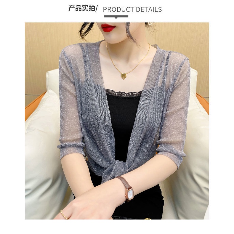 Áo Khoác Cardigan Vải Lưới Mỏng Màu Trơn Tay Lửng Chống Nắng Thời Trang Mùa Hè Cho Nữ