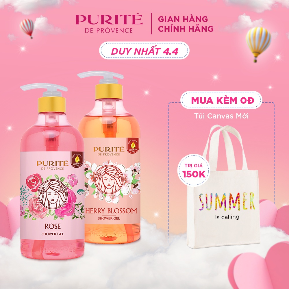 Combo 2 Sữa Tắm Mềm Mịn Hoa Hồng Purité 850ml + Sáng Mịn Hoa Anh Đào 850ml