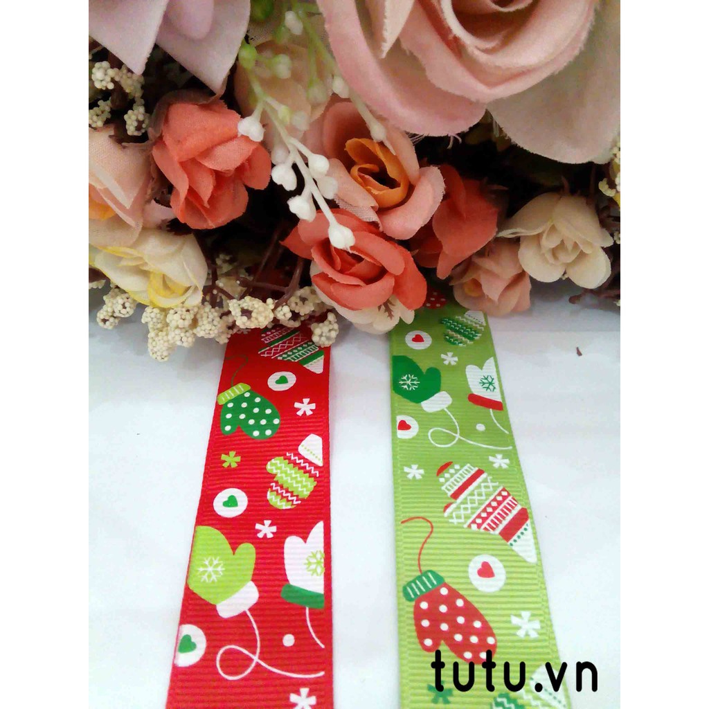 RUY BĂNG GÂN 25MM HỌA TIẾT TẤT TAY NOEL HT25-003, RUY BĂNG DIY HANDMADE LÀM NƠ BỜM KẸP TÓC