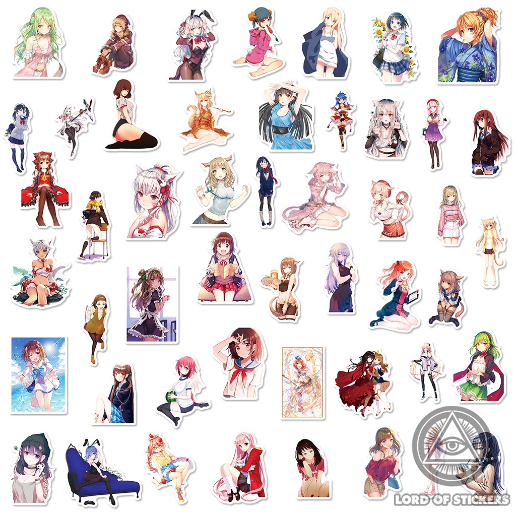 Set 50 Nhãn Dán Cute Anime Girl Waifu Sticker Manga Hình Cô Gái Dễ Thương Trang Trí Mũ Nón, Điện Thoại, Laptop, Sổ, Vali