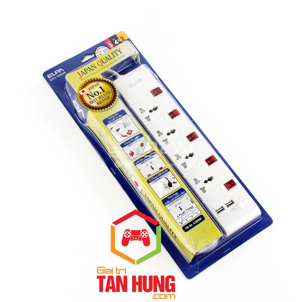 Ổ cắm điện ELPA ESU-VNI hàng Nhật chống quá tải điện Công tắc cho từng ổ điện 2 Cổng Sạc USB 2.1A  dây 3m BH 12 tháng