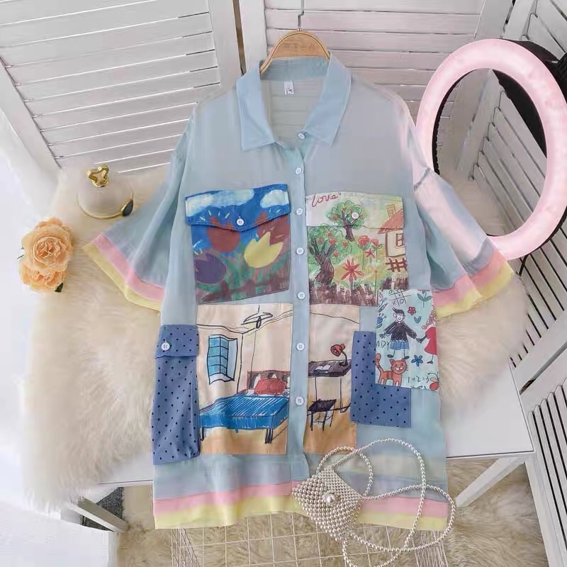 Áo sơ mi voan Ulzzang in hình oversize Quảng Châu