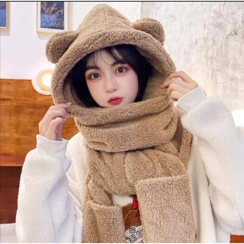 Mũ lông Cừu 3in1 tai gấu Mũ kèm khăn quàng cổ và sỏ tay kiểu dáng hàng quốc