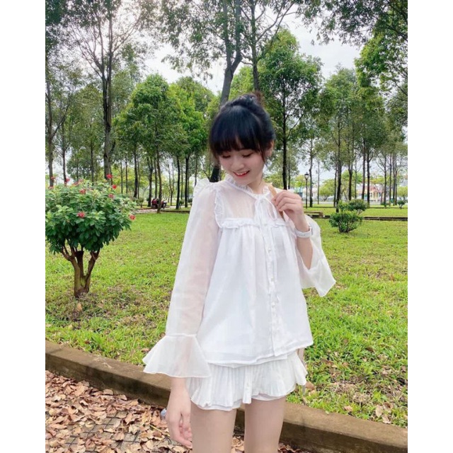 Áo sơ mi voan xếp ly bèo thắt nơ cổ kèm áo 2s tay bồng sang chảnh