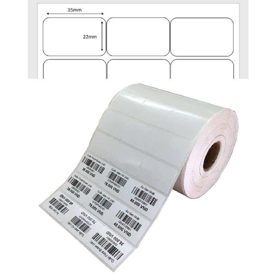 Giấy In mã vạch Decal thường 35x22  Cuộn 50m 1hàng 3tem