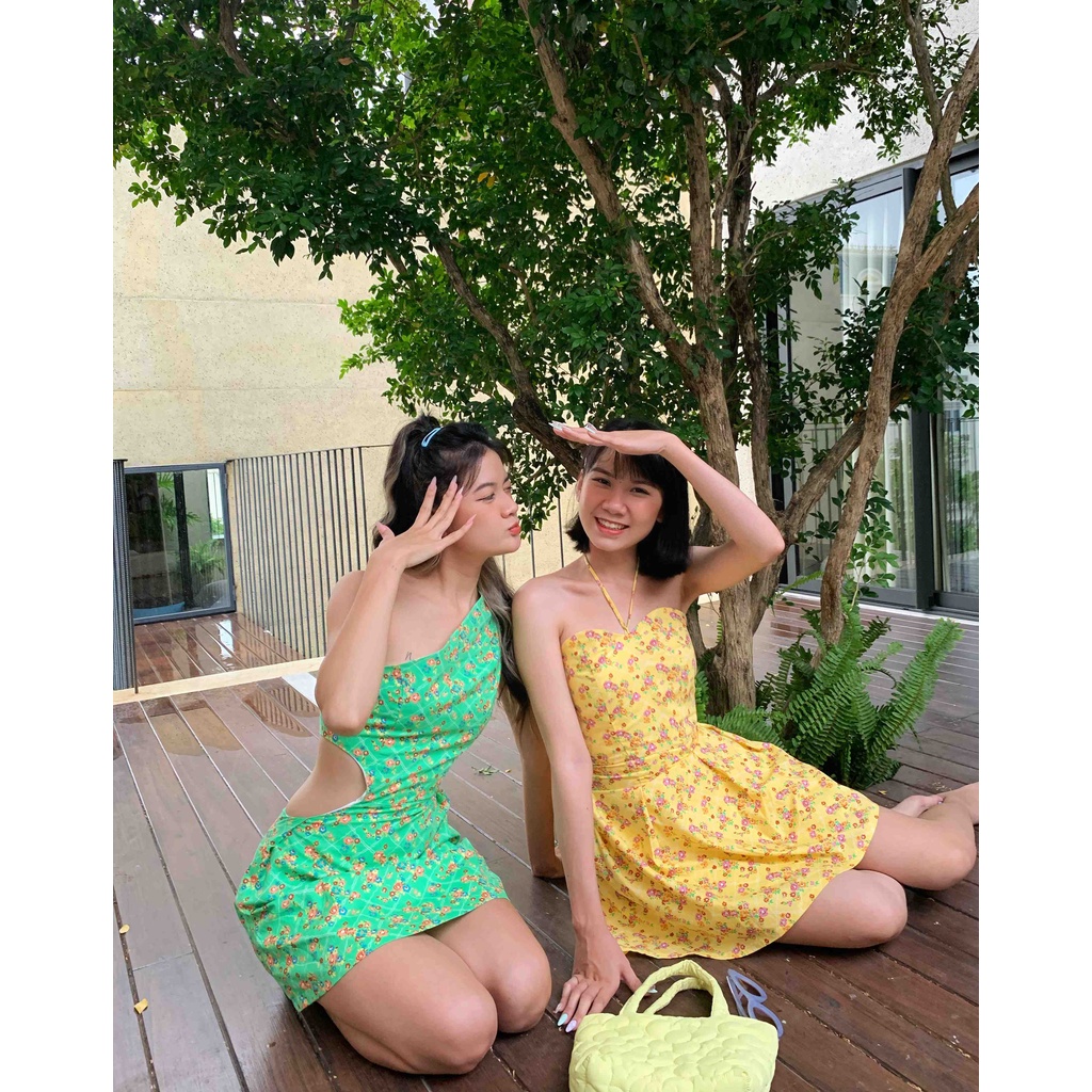 Đầm thiết kế kiểu dáng chữ a cột dây họa tiết hoa nhí màu vàng nổi bật Edding Dress