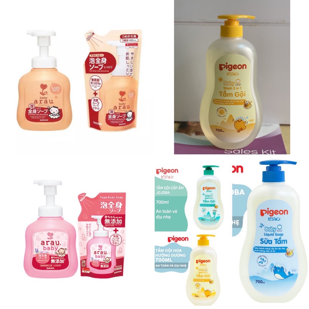 Sữa tắm dầu gội đầu dưỡng ẩm cho bé sơ sinh trẻ em gái arau baby pigeon dịu nhẹ thảo dược Hoa hướng dương 700ML
