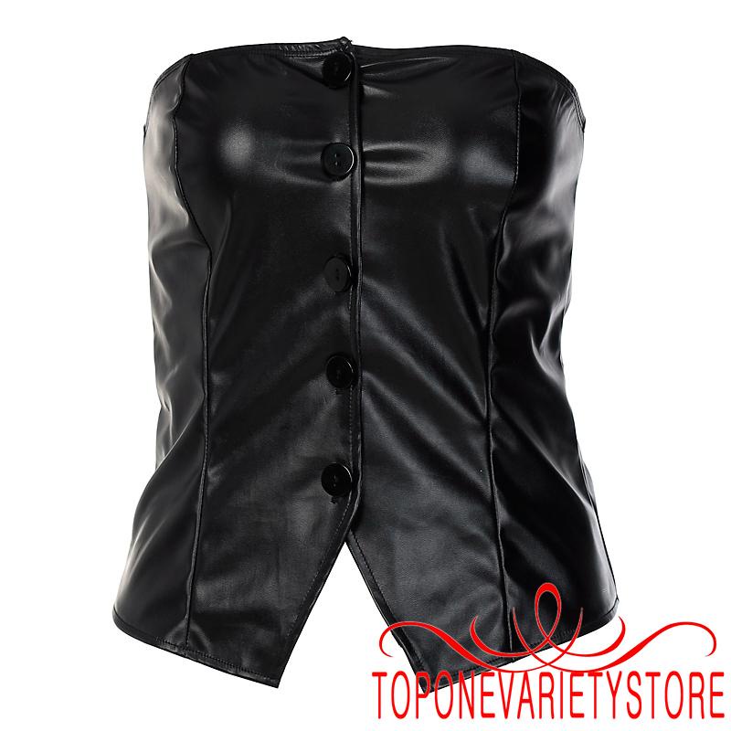 Áo corset da PU màu trơn không dây cài nút thời trang gợi cảm cho nữ
