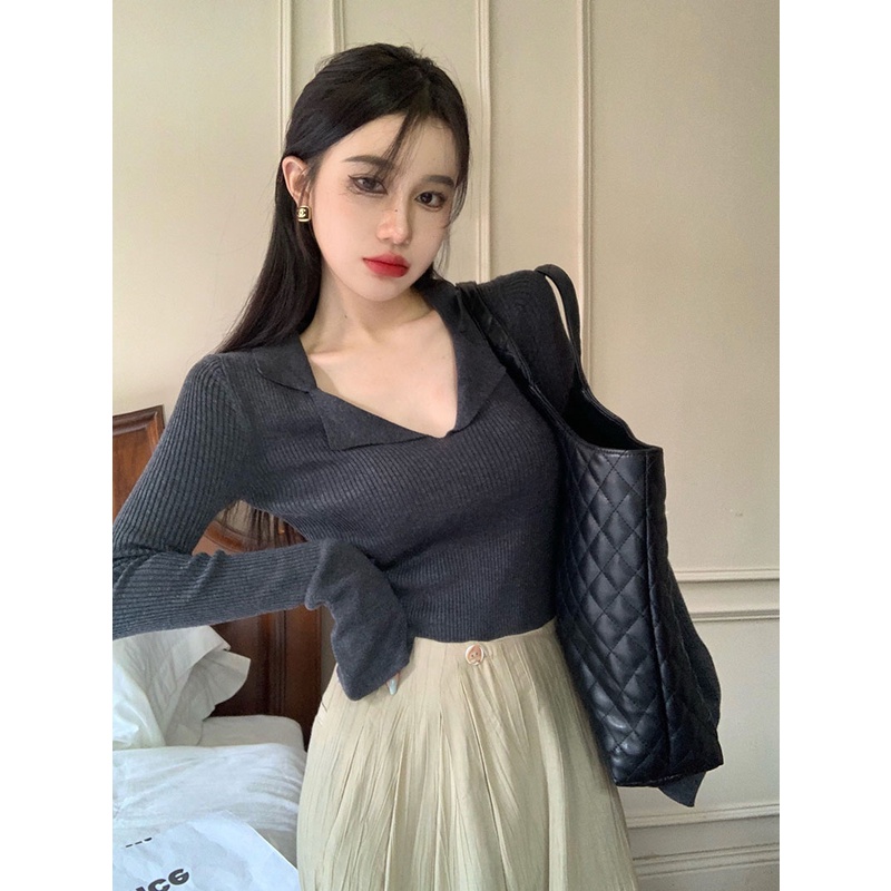 QKOOLE Áo dệt kim  dài tay màu trơn phong cách Hàn Quốc cho nữ